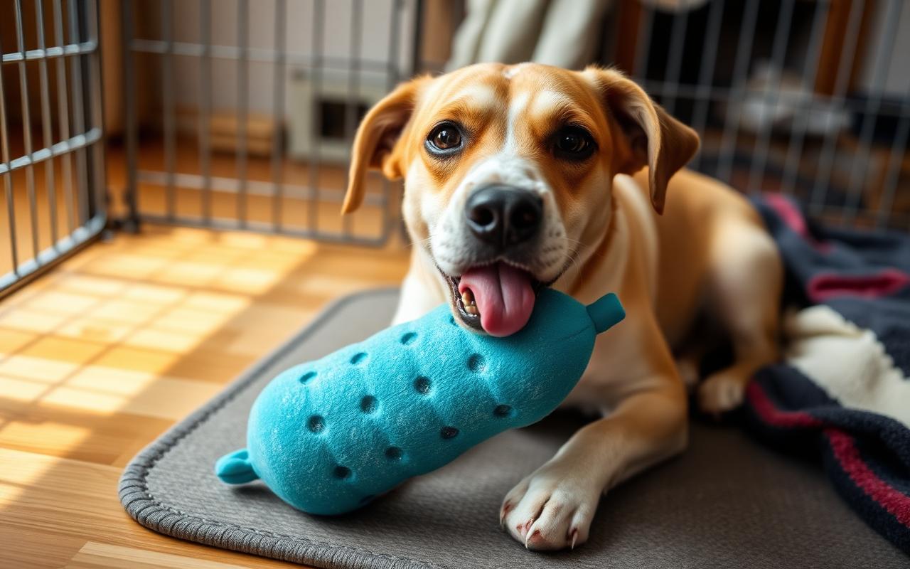 Dog licking a frozen stuffed rubber food toy on a mat inside a cosy pen with a blanket