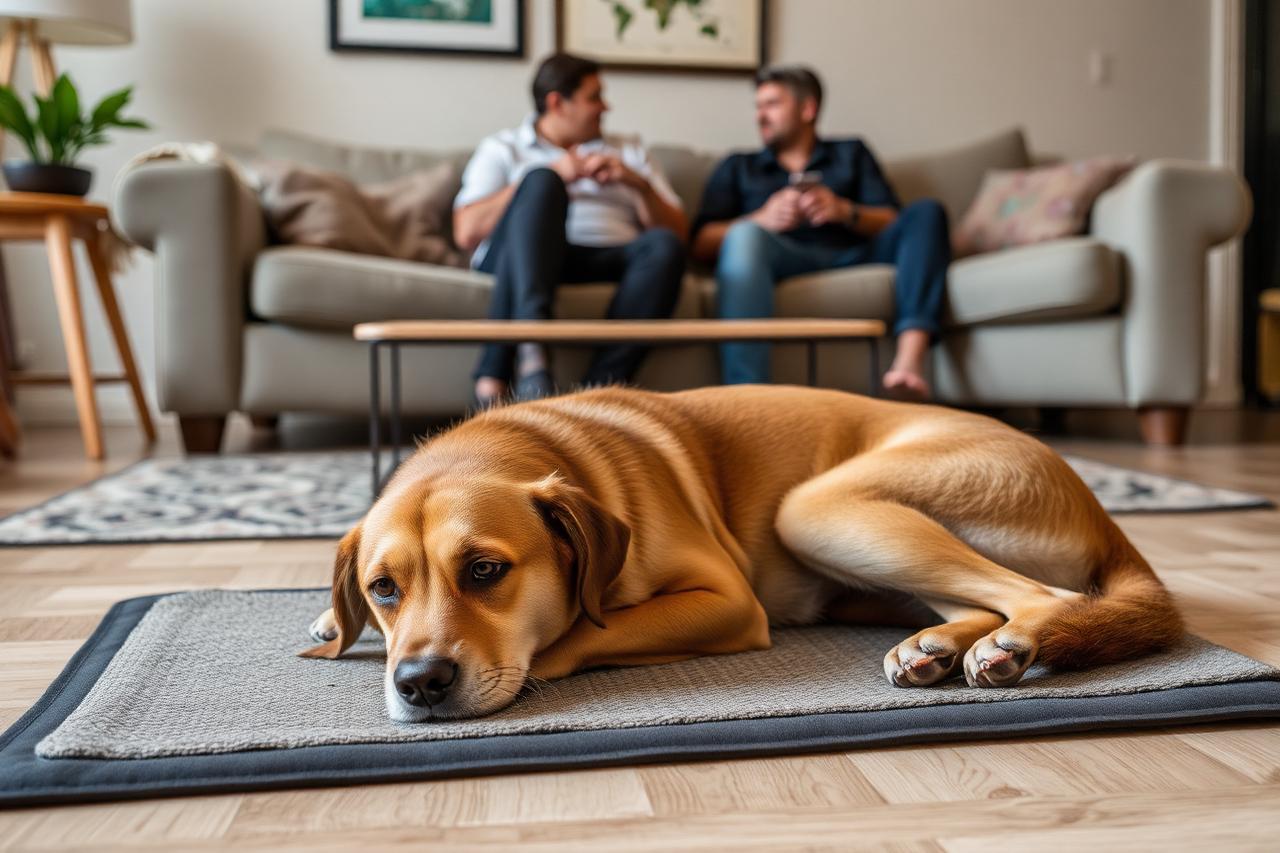 Dog lying calmly on a mat while guests sit and talk