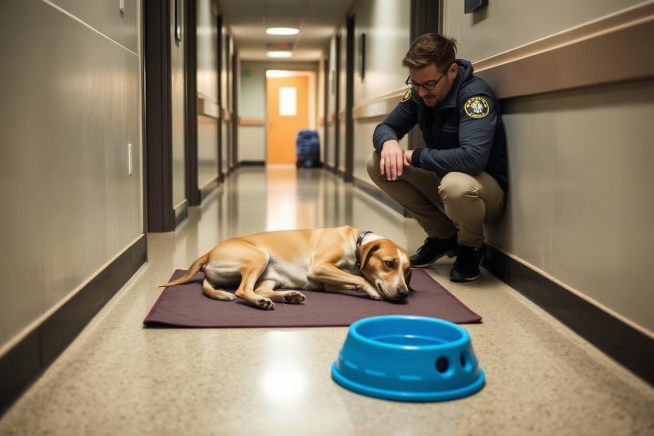 Dog lying on a mat in a quiet hallway with a water bowl during a break while the handler crouches nearby