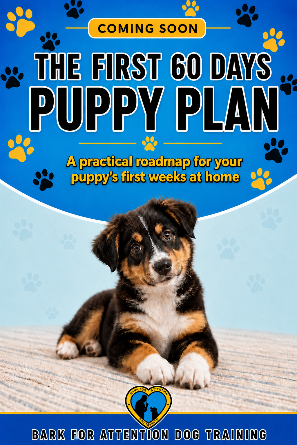 Cover of The First 60 Days Puppy Plan by Bark For Attention Dog Training, marked coming soon