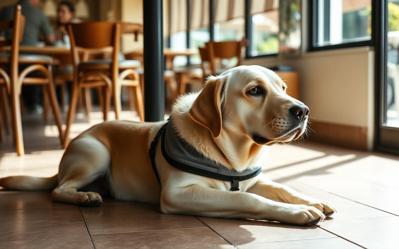 Working dog in a plain vest lying calmly under a cafe table