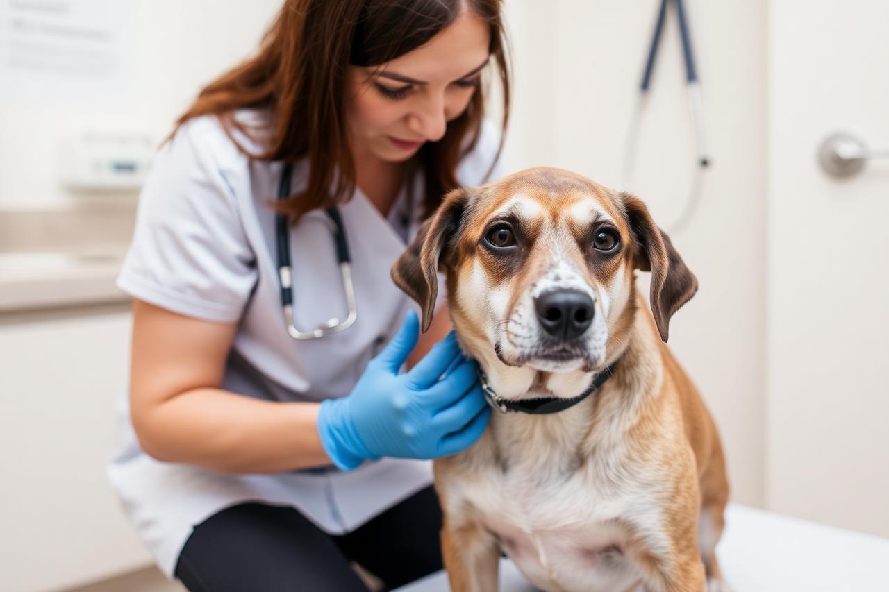 Veterinarian gently examining the hind leg of an older working dog while the handler holds the lead