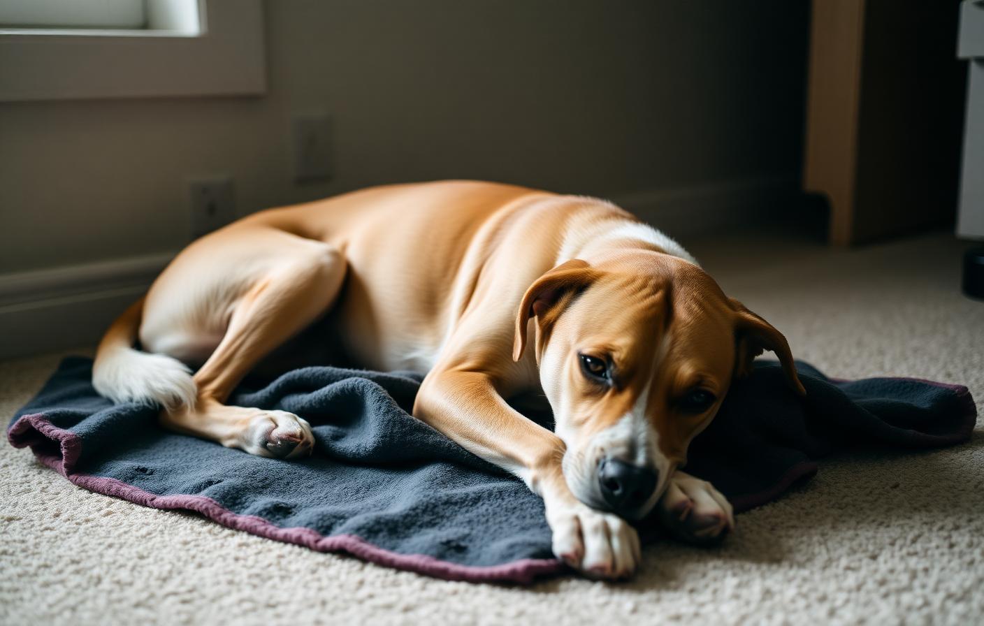 Newly adopted dog resting on a blanket in a quiet corner