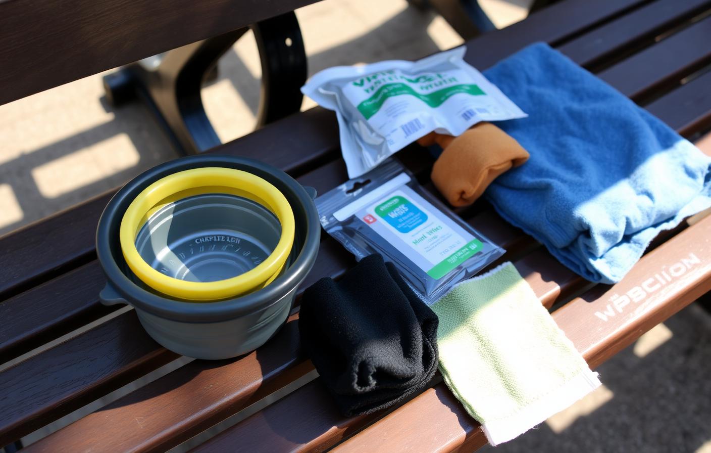 Travel kit on a bench with a collapsible water bowl, waste bags, wipes and a towel