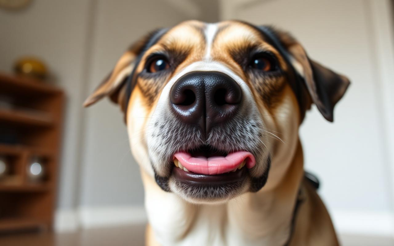 Close-up of a dog's face showing a lip lick and turned head, subtle stress signals