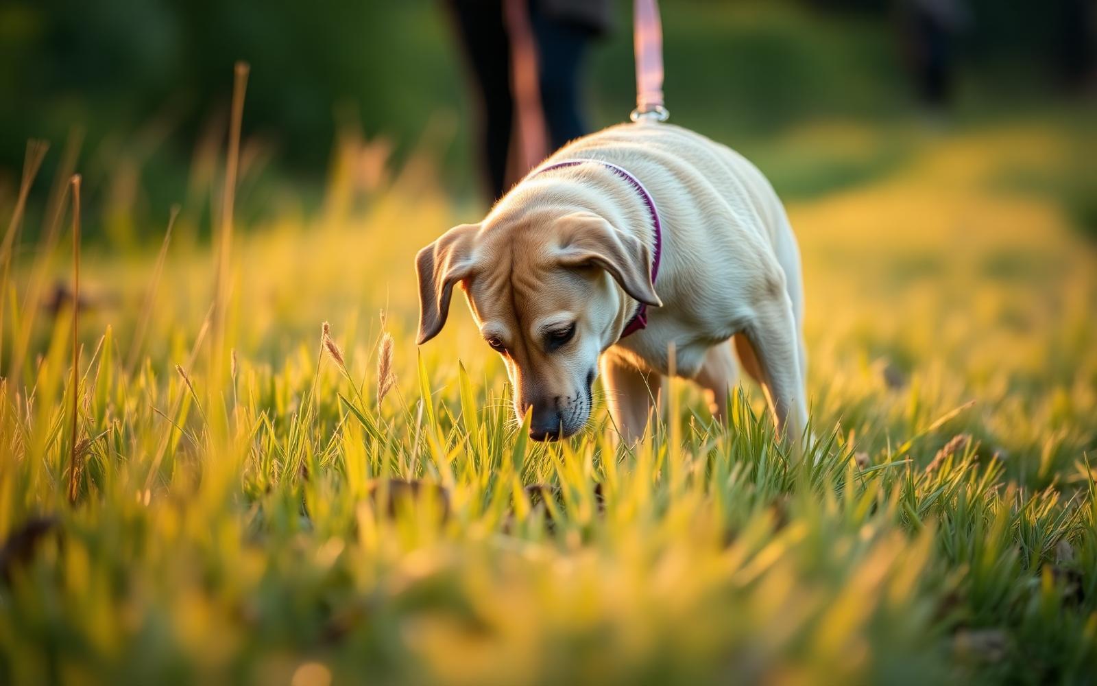 Relaxed dog sniffing through grass on a long line during an evening walk