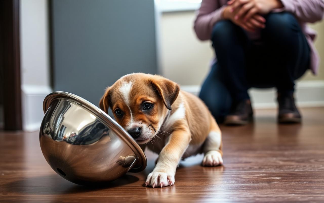 Puppy investigating curiously after a dropped metal bowl while a person kneels nearby