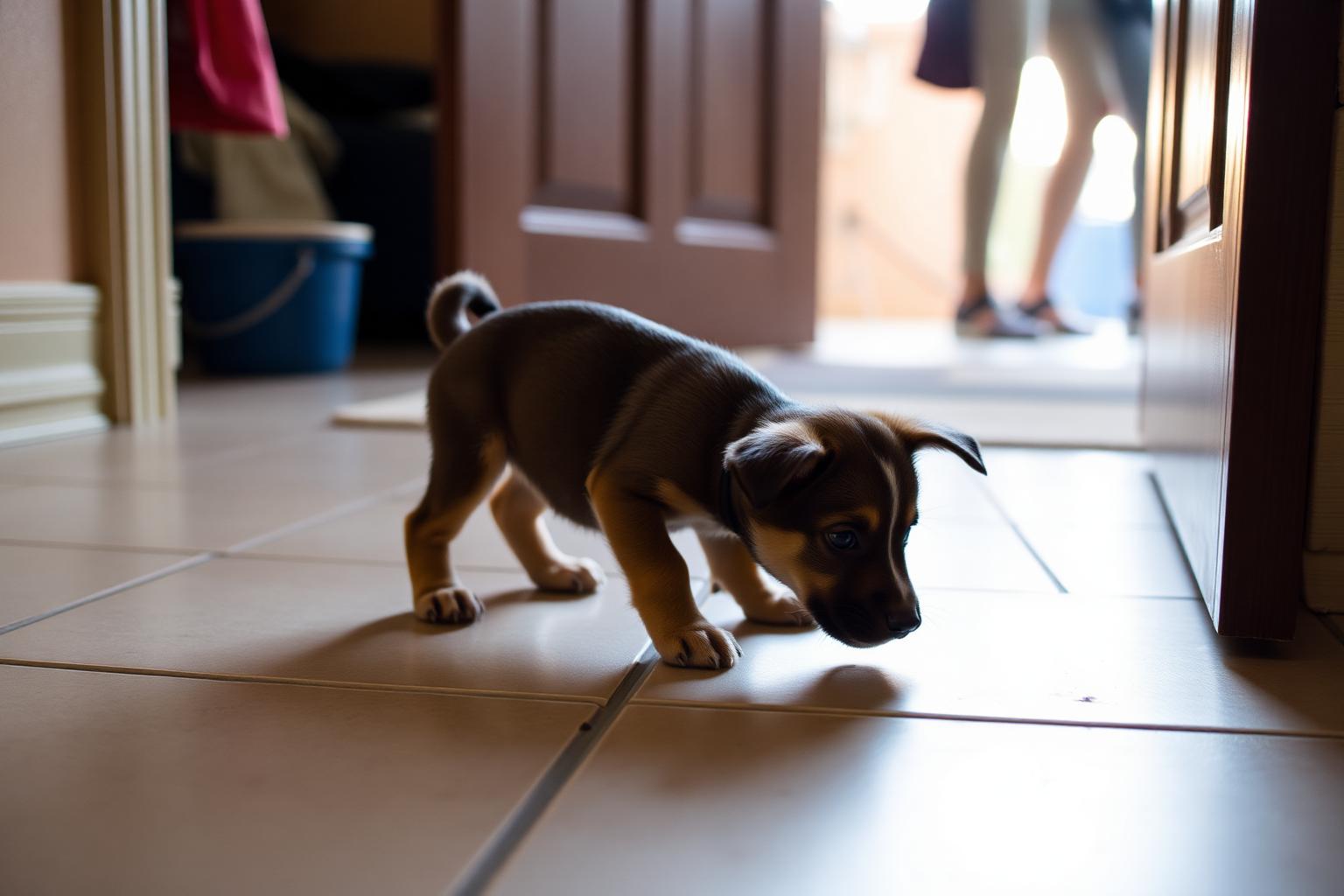 Young puppy crouching low with ears back on a tiled floor