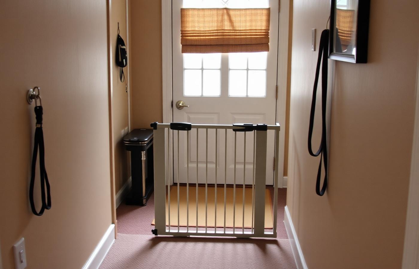 Home entryway with a baby gate creating a small airlock space and a leash hanging on a hook by the door