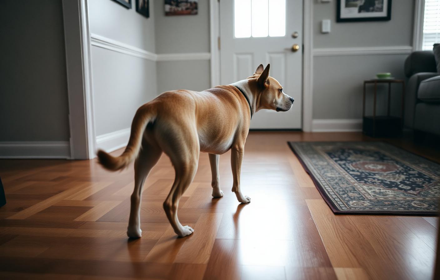 Older dog standing stiffly on a hardwood floor near a rug