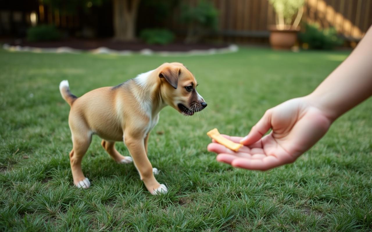 Puppy turning away from the ground toward a treat offered in an open hand in a backyard