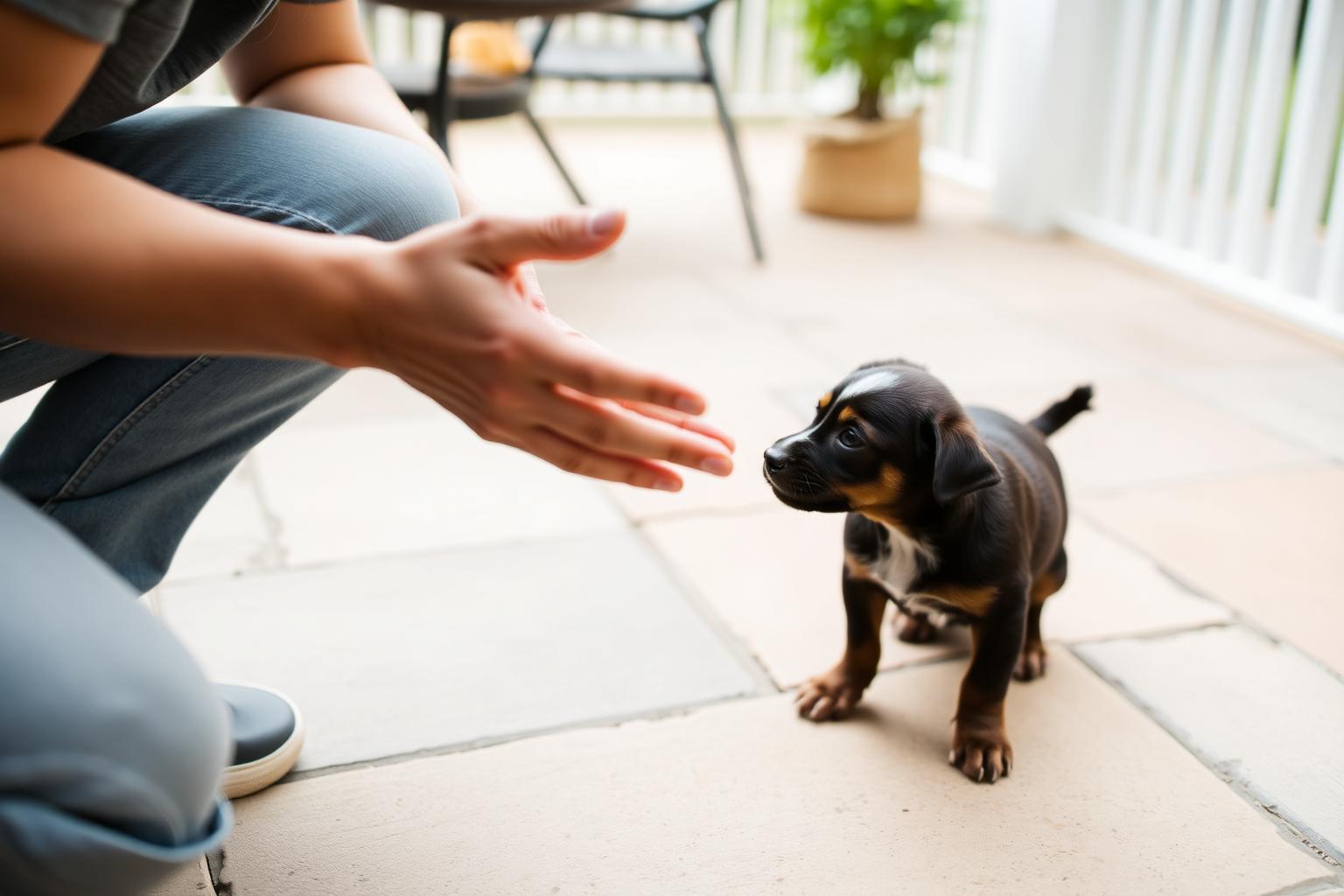 Person crouched sideways offering a relaxed open hand toward a small puppy on a patio