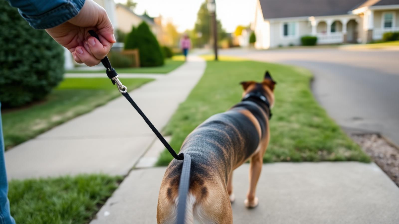 Handler holding a slack leash while a dog turns back toward them