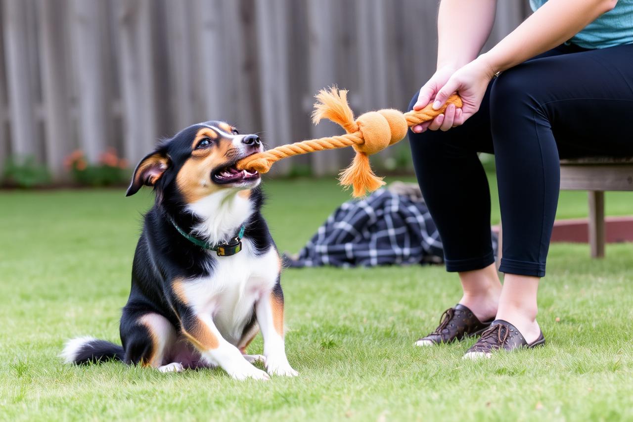Dog sitting and releasing a tug toy while the person holds it still in a backyard