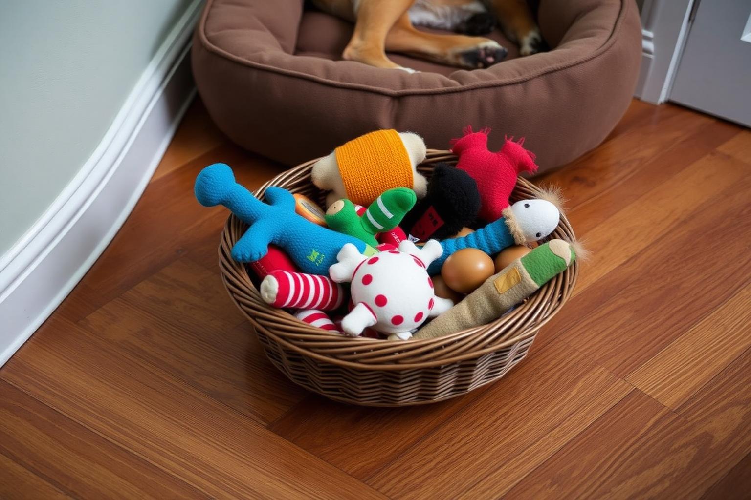 Basket of assorted dog chew toys and rubber food toys on a wooden floor beside a dog bed