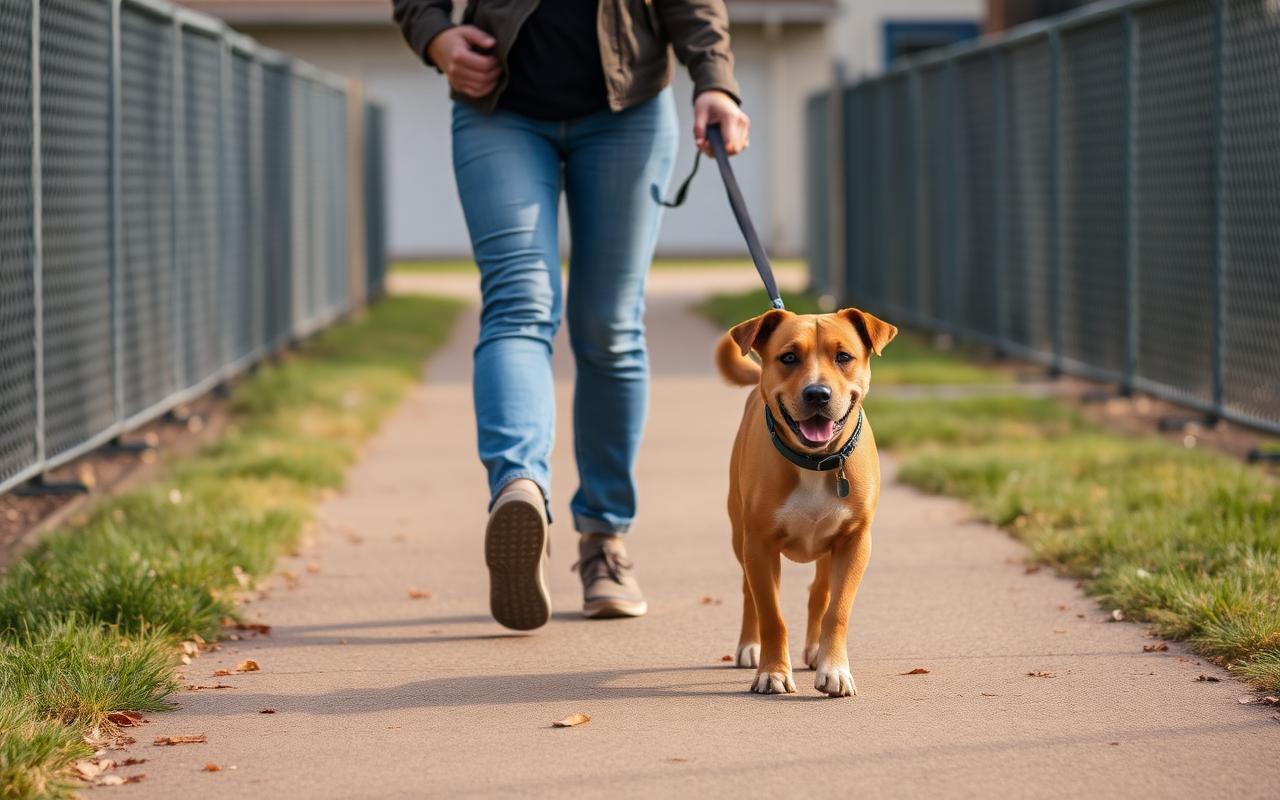 Adopter walking a shelter dog on a leash along a quiet path outside the shelter
