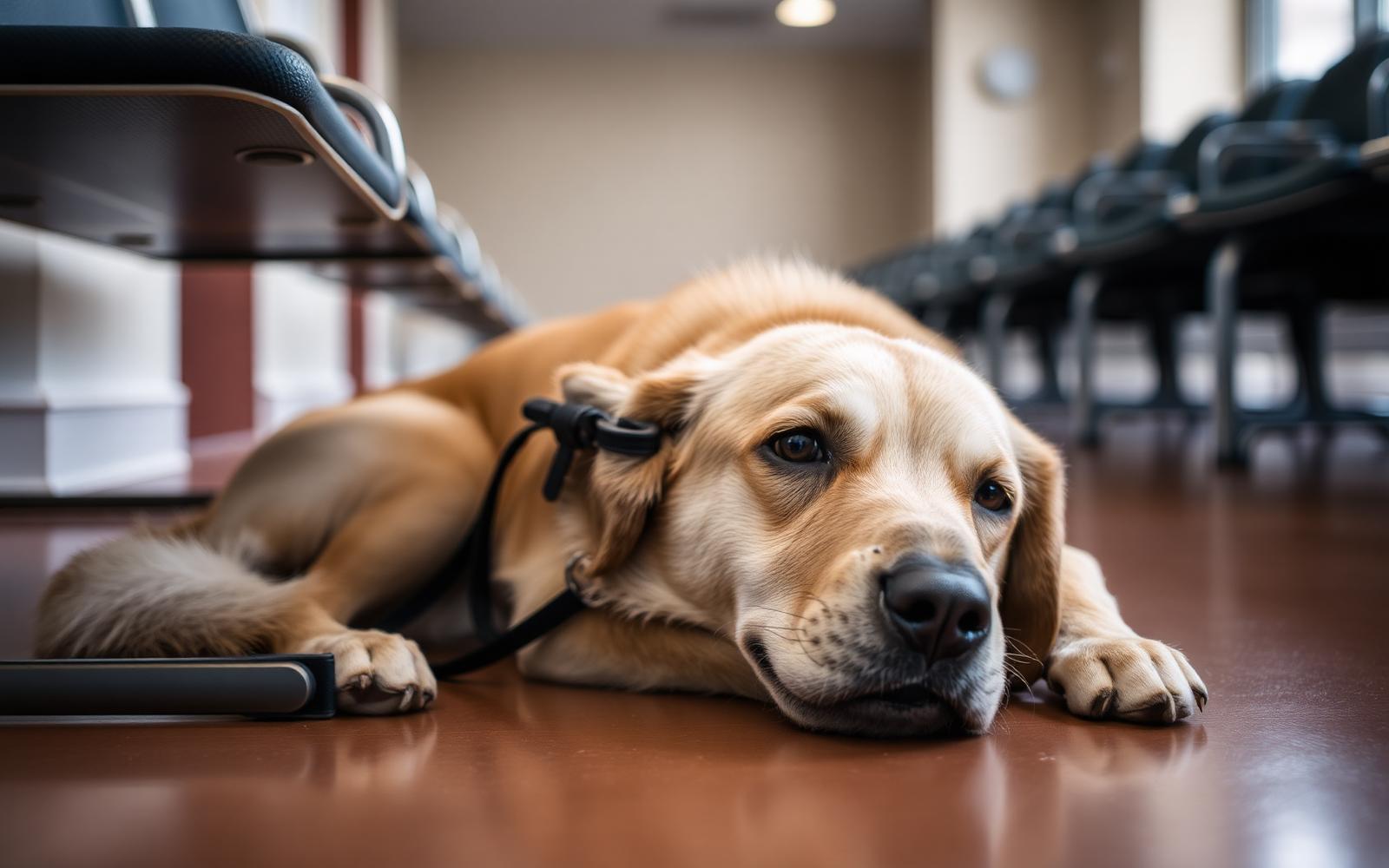 Working dog settled and tucked beside a chair in a quiet waiting area