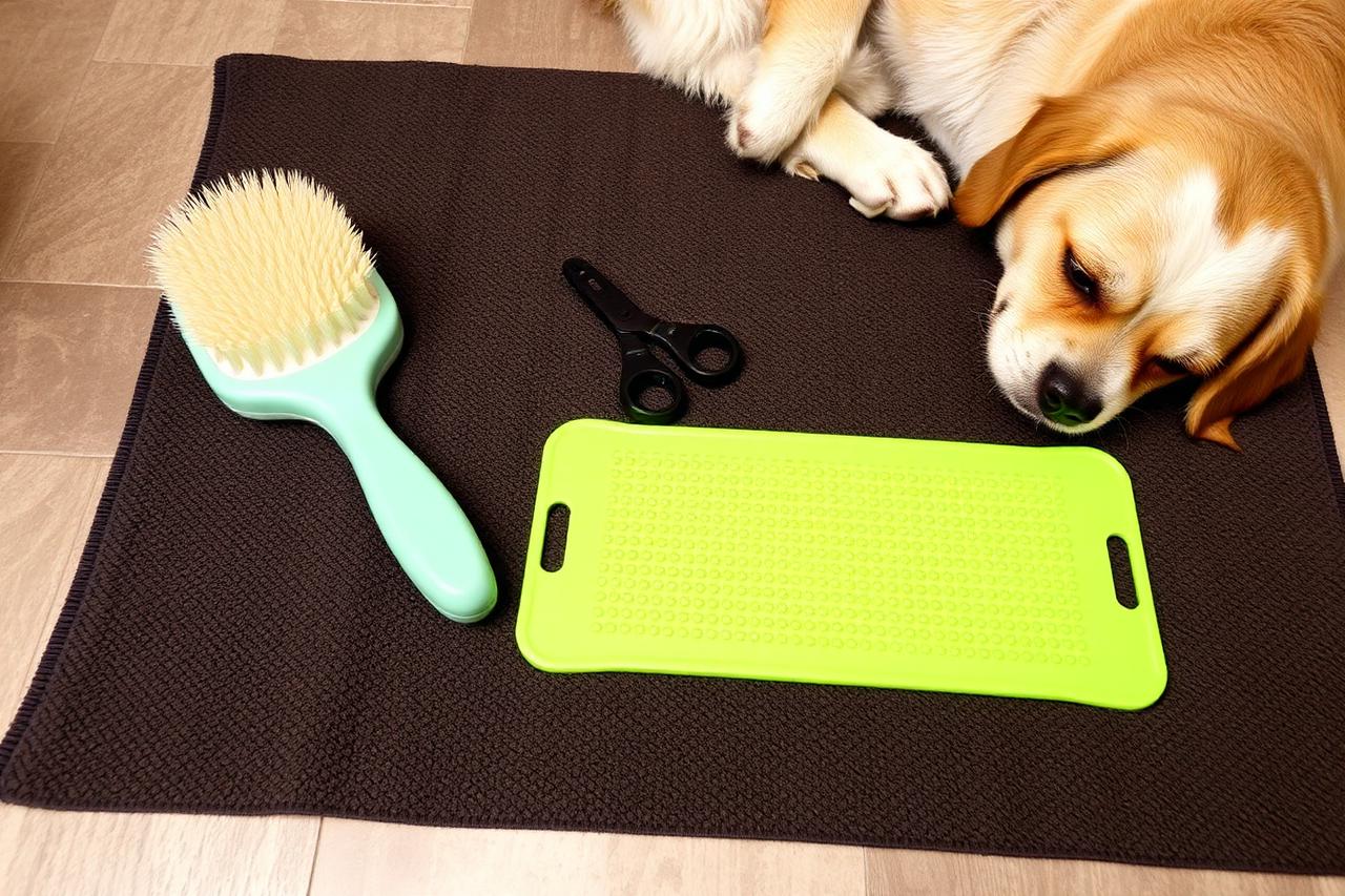 Grooming tools including a soft brush, nail clippers and a grinder laid out on a mat beside a treat pot
