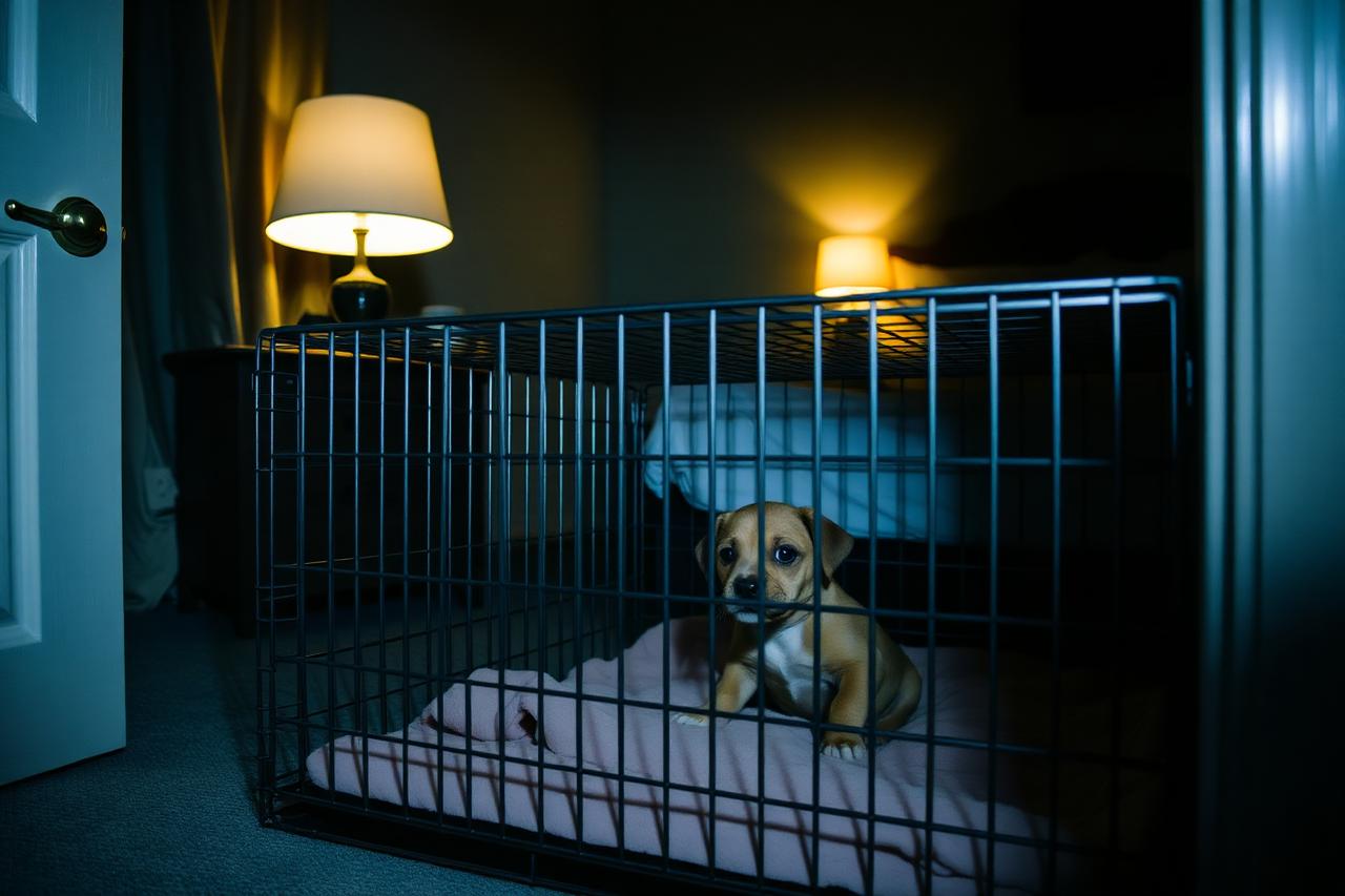 Puppy awake in a crate at night in a dim bedroom