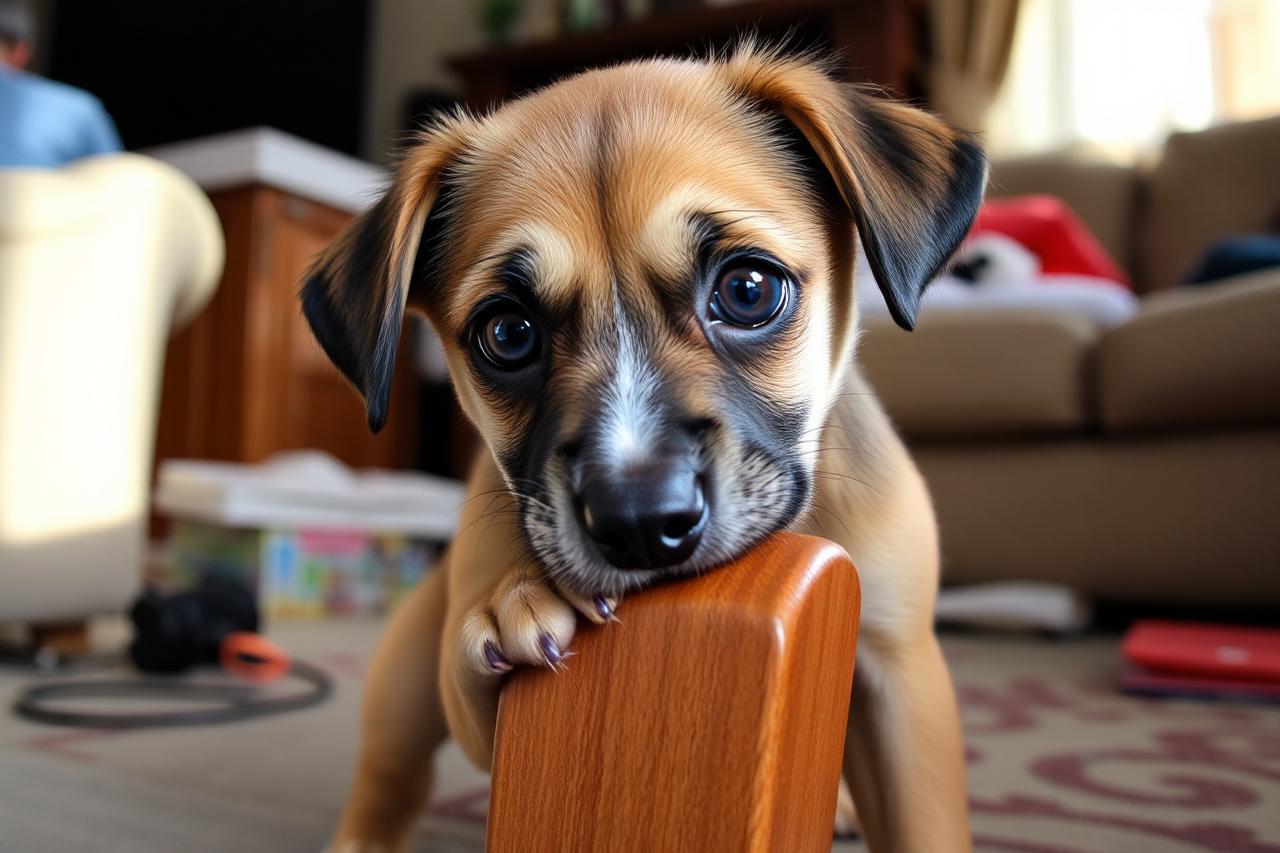 Puppy racing in a tight circle across a living room rug with a toy nearby