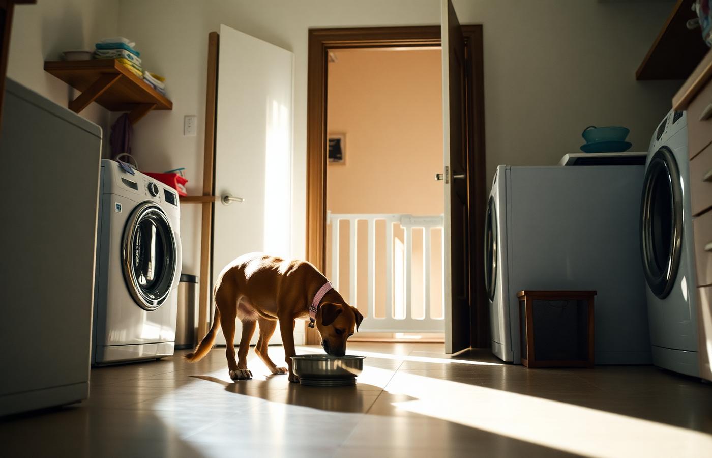 Dog eating undisturbed behind a baby gate in a quiet corner of a kitchen
