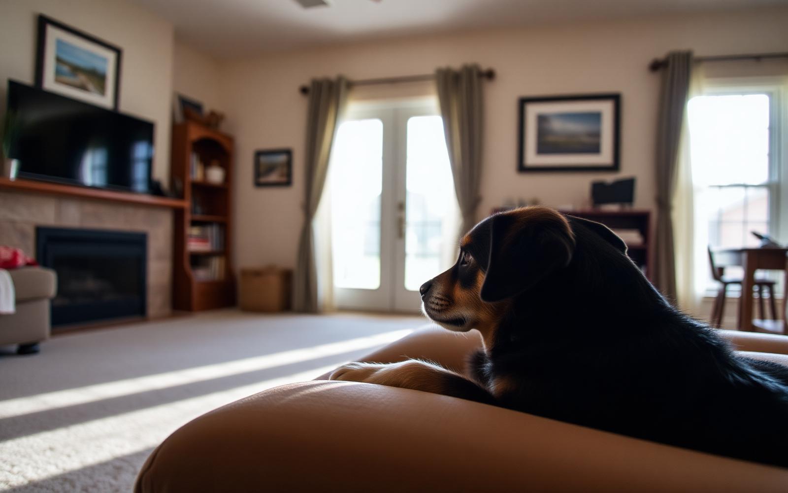 Rescue dog resting in a quiet corner and observing the room from a distance