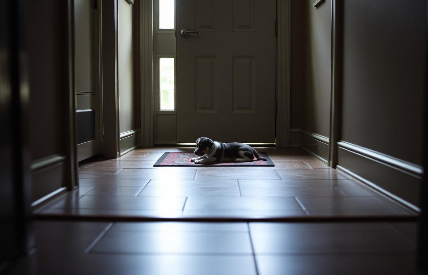 Puppy lying on a small mat several feet back from an entry door in a home hallway