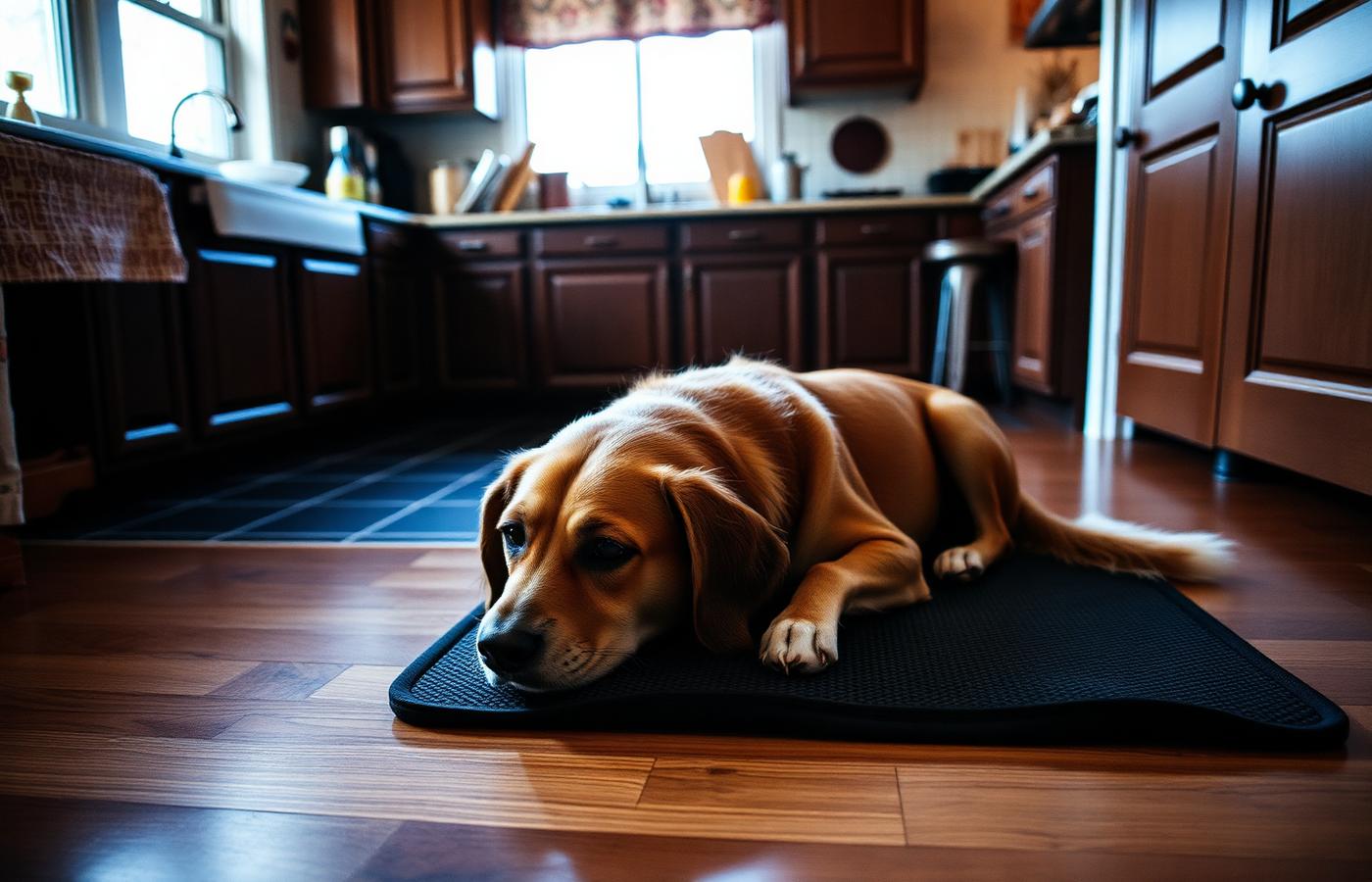 Dog lying calmly on a mat at the edge of a kitchen while food is prepared