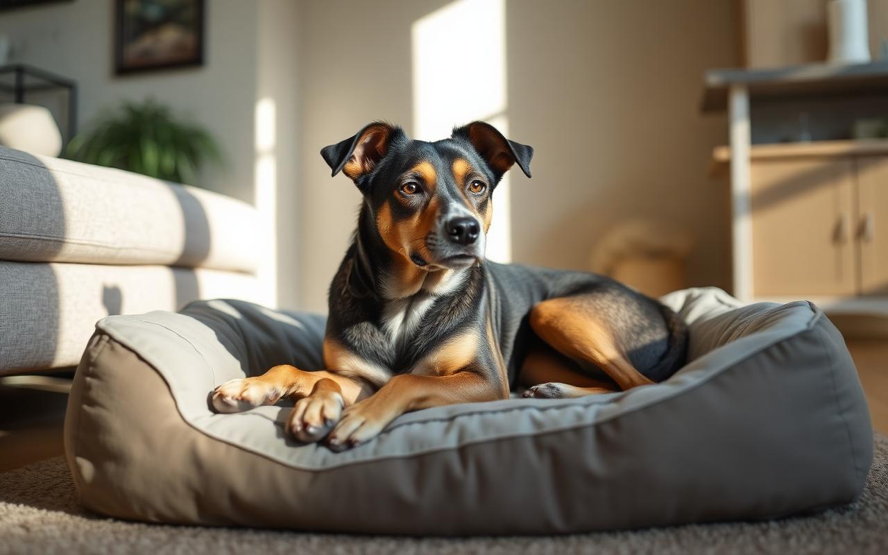Newly adopted adult dog resting quietly on a dog bed in a calm living room