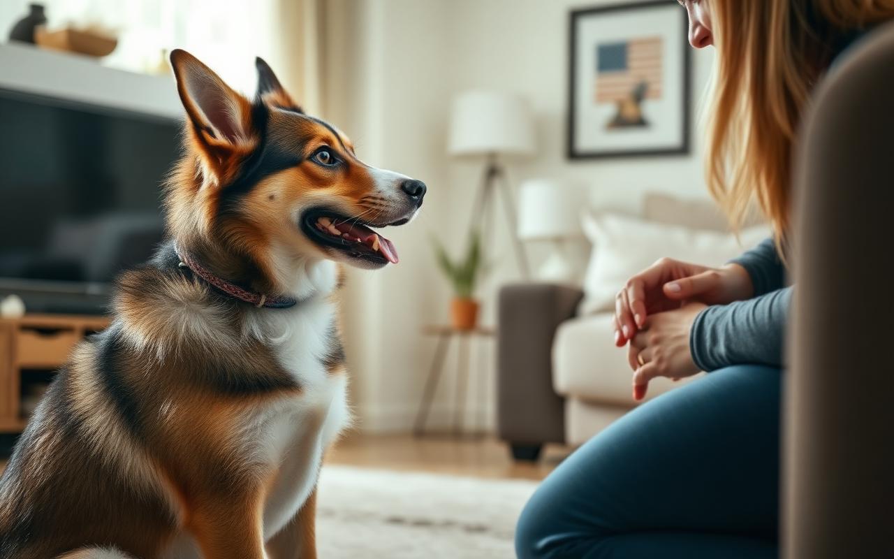 Adult mixed-breed dog attentively facing its owner in a living room