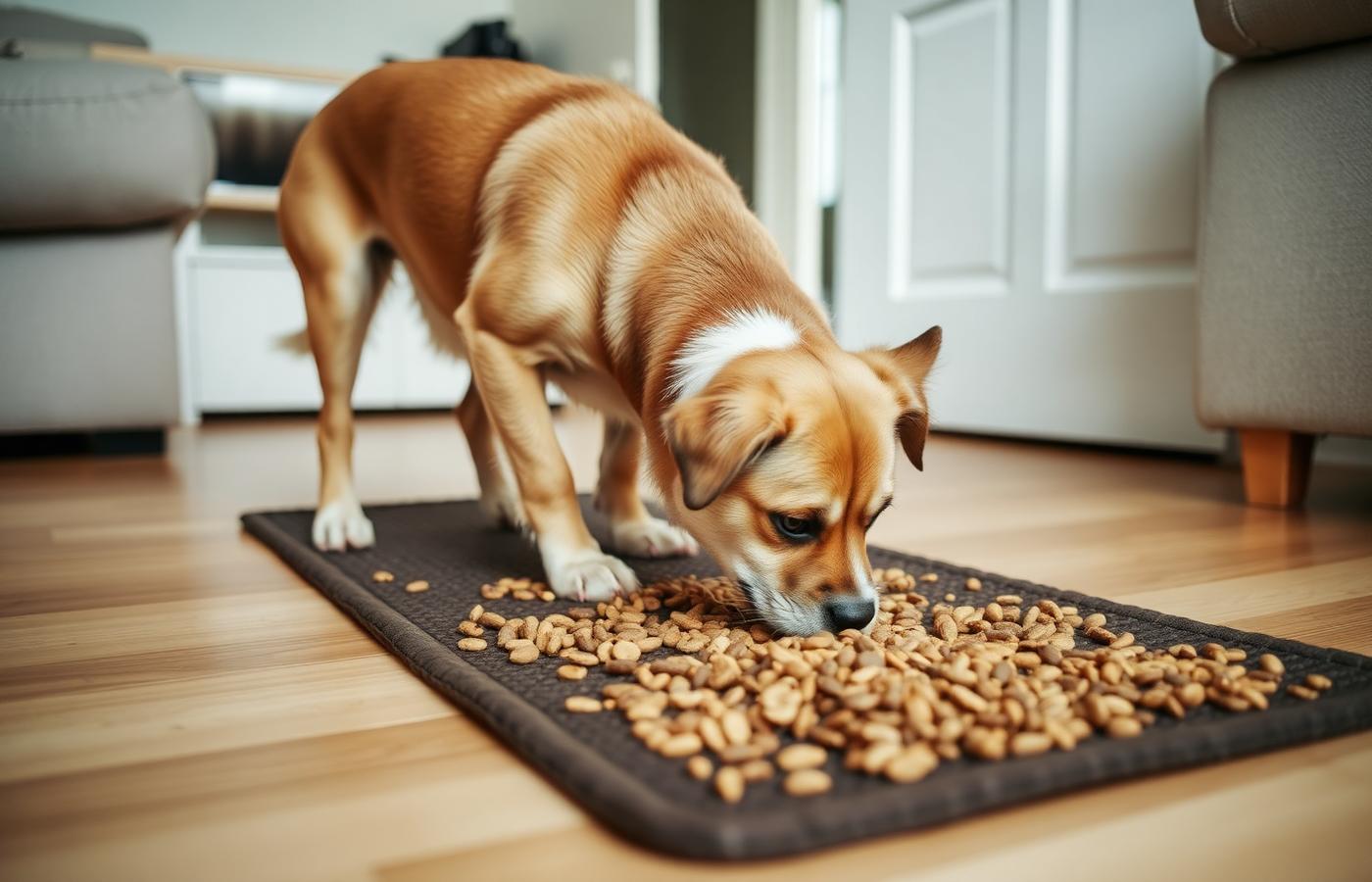 Dog foraging kibble from a snuffle mat on a living room floor