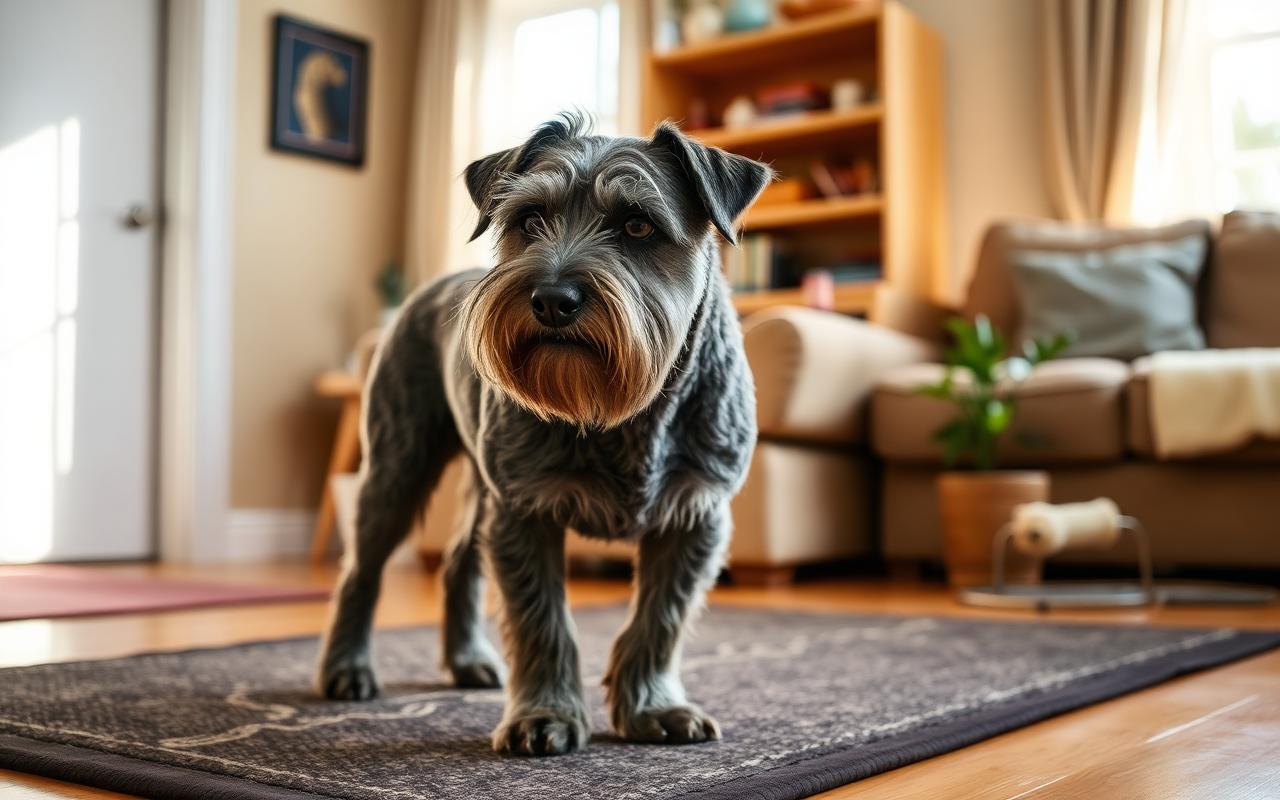 Grey-muzzled senior dog standing on a non-slip rug in a sunlit living room