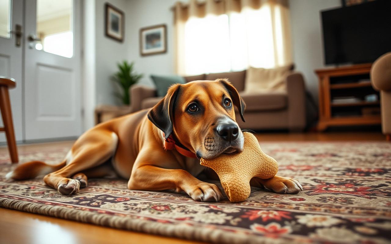 Dog lying on a rug chewing a bone toy in a calm living room
