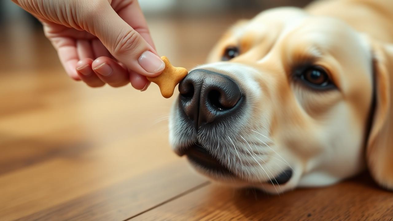 Hand luring a dog into a down position with a treat on a wooden floor