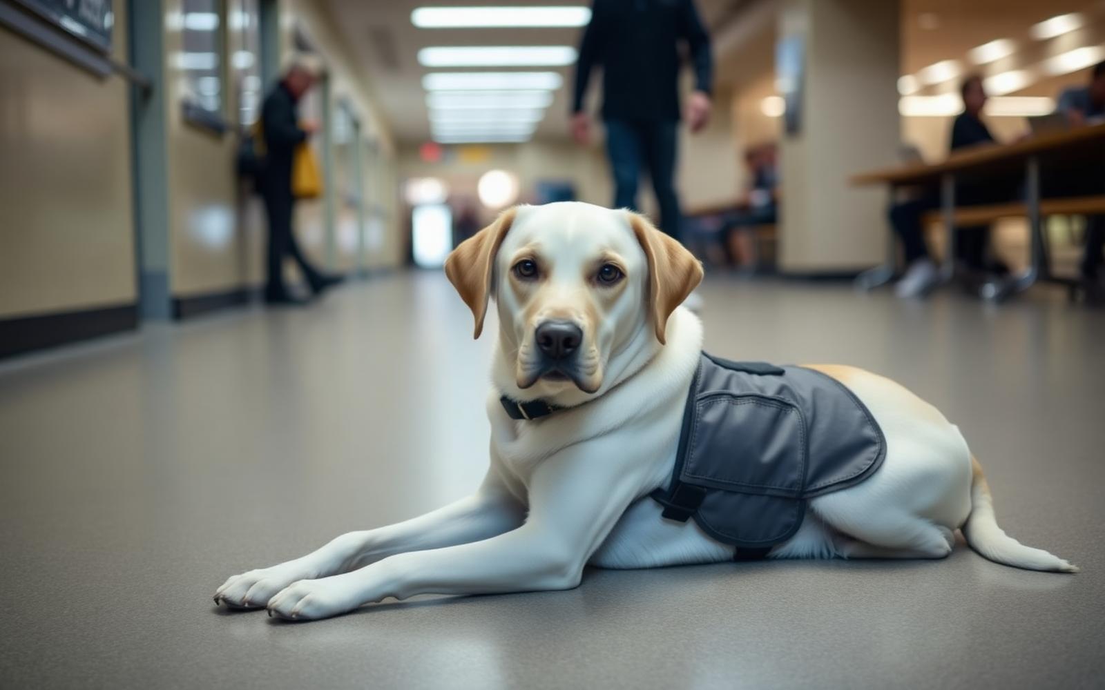 Dog lying calmly under a cafe table on a leash as people pass by