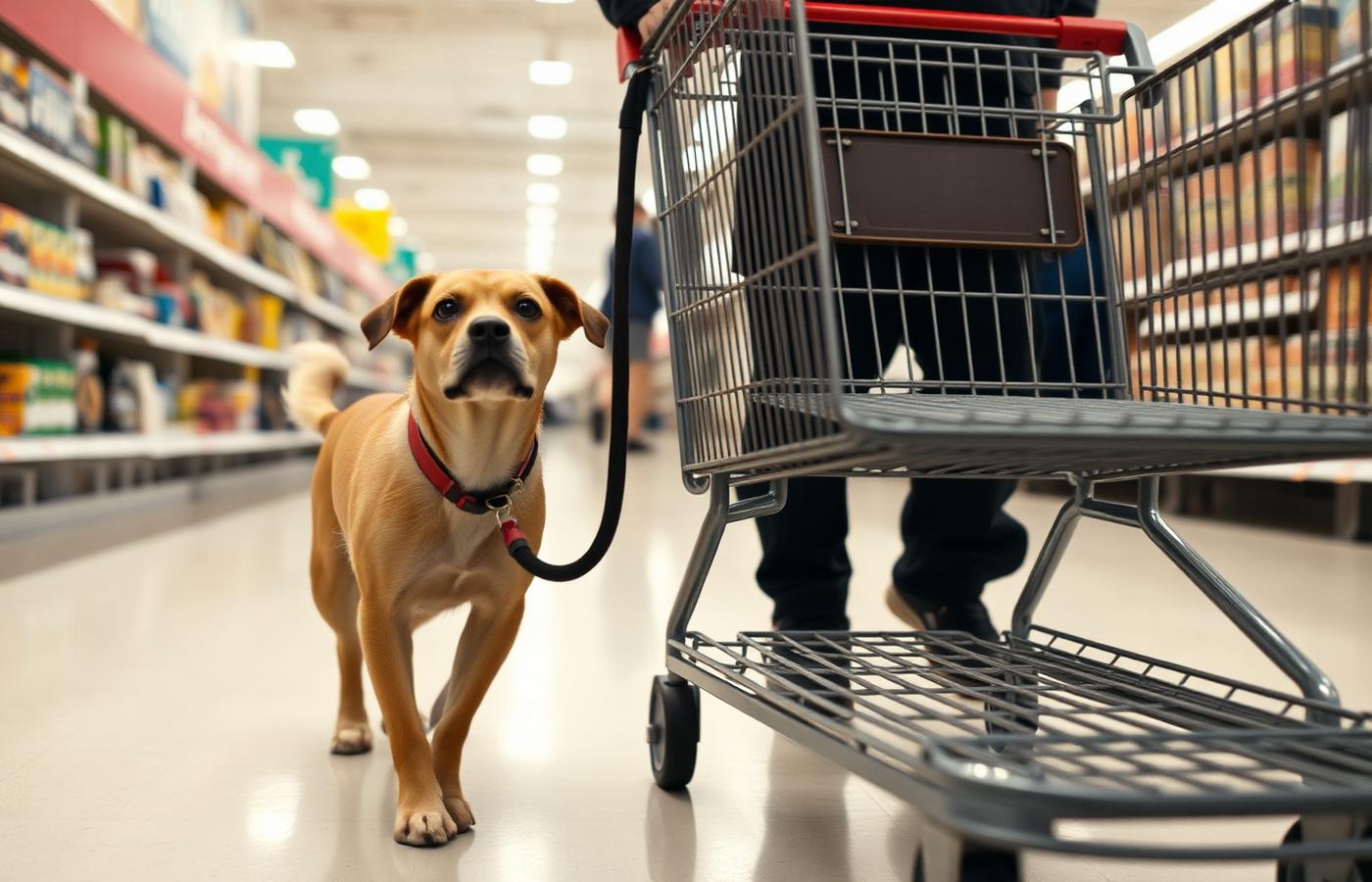 Dog walking on a loose leash beside a shopping cart in a wide store aisle