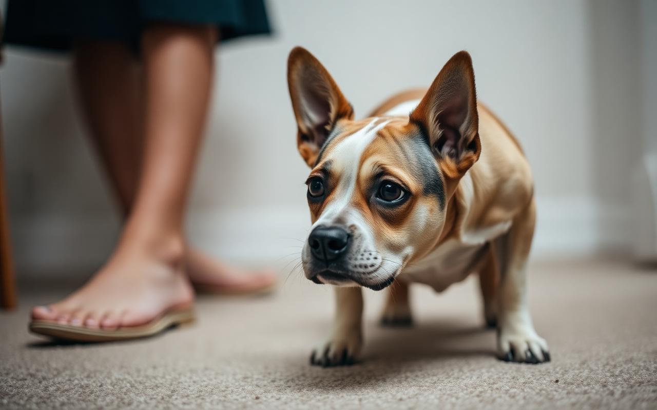 Worried dog crouching with ears back beside a person's legs indoors