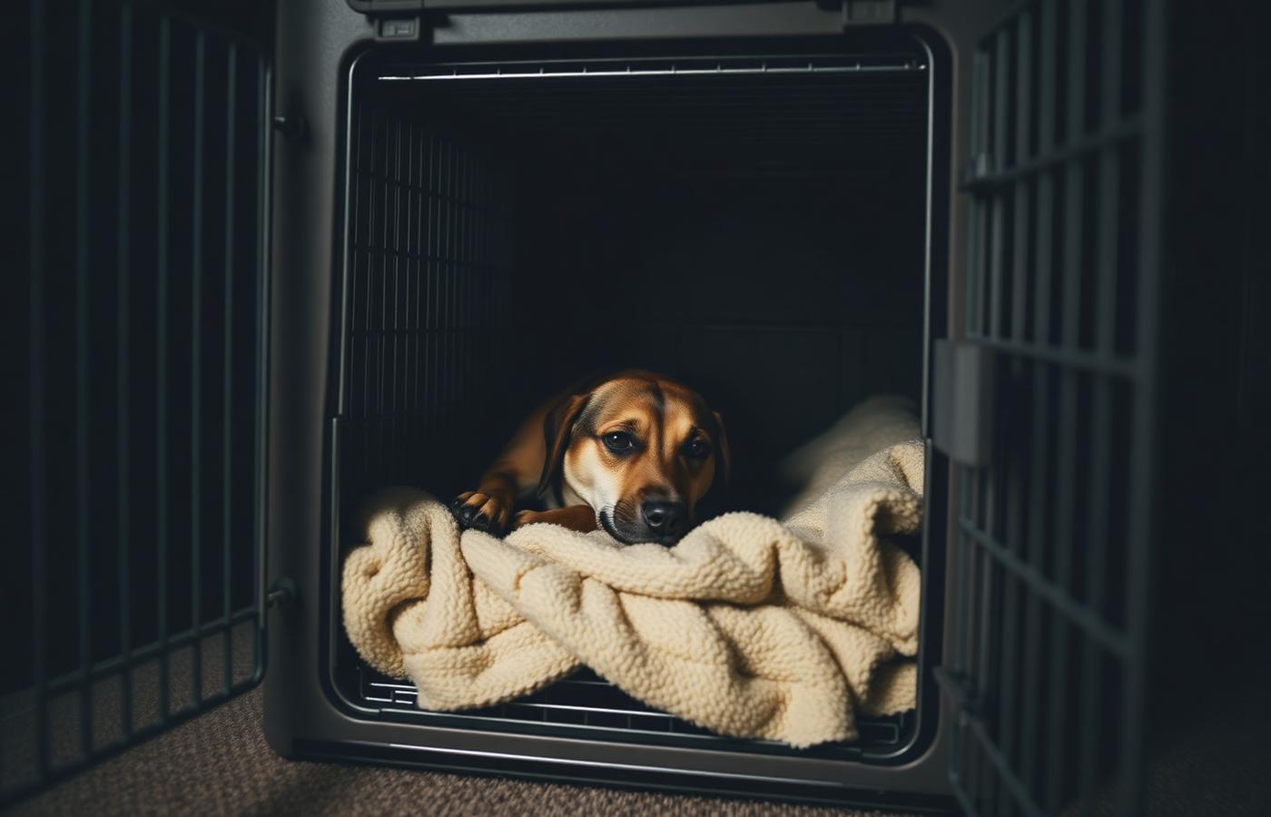 Dog resting quietly on a blanket inside an open crate in a dim, quiet room