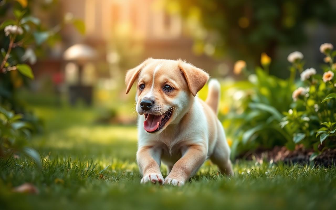 Puppy playing on grass in a garden, alert and happy
