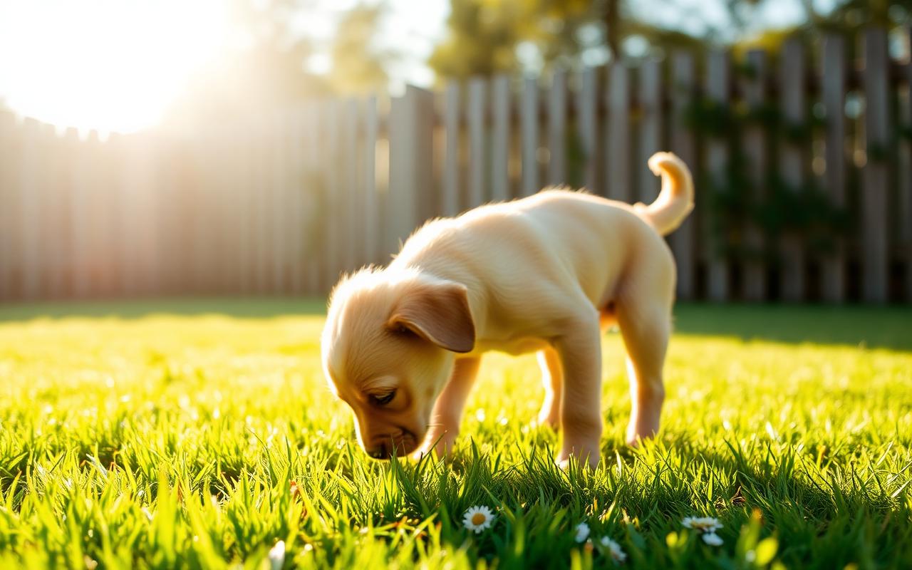 Young puppy standing in grass in a quiet backyard potty area