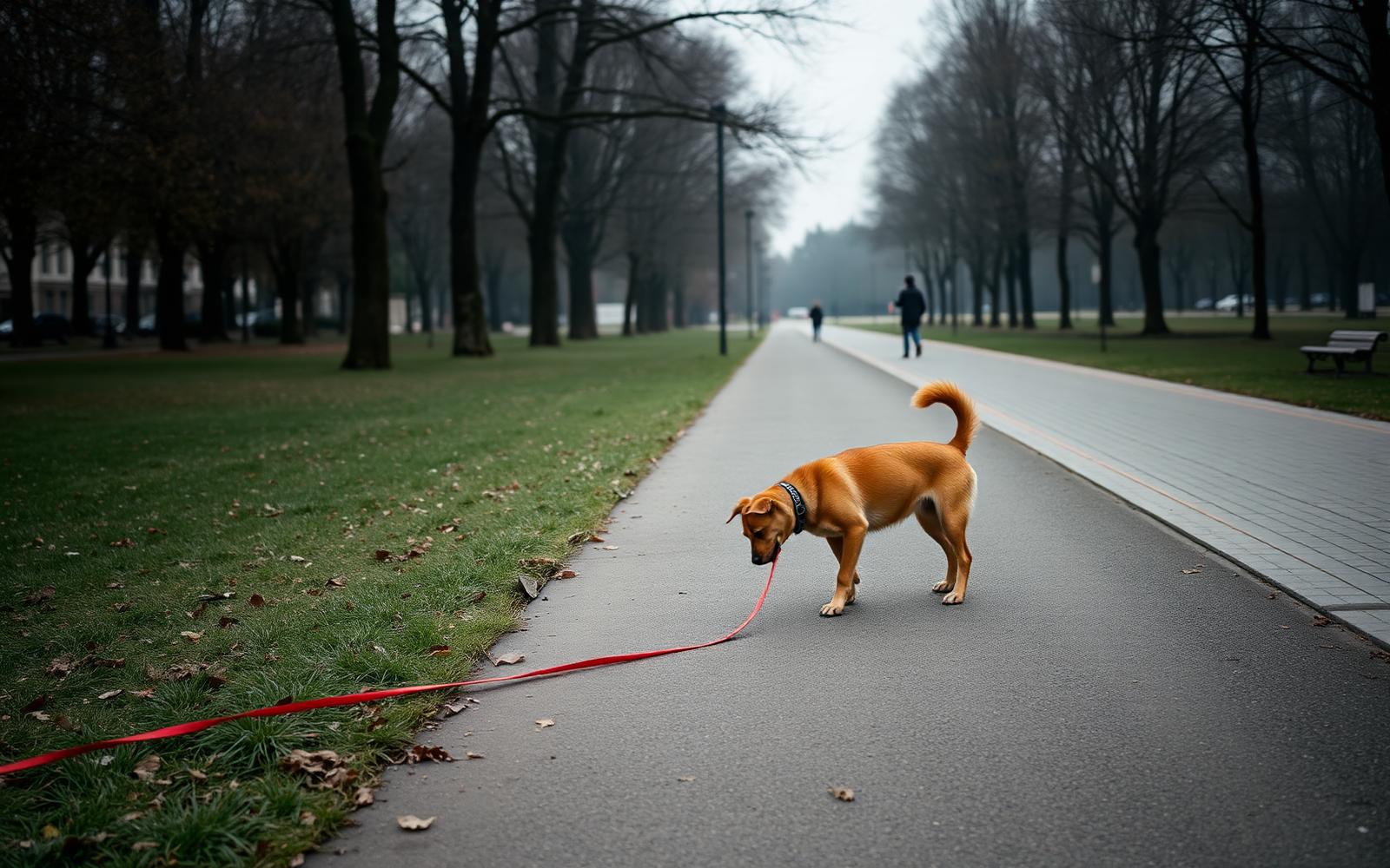 Dog sniffing calmly on a long training line on a quiet path with people far in the distance