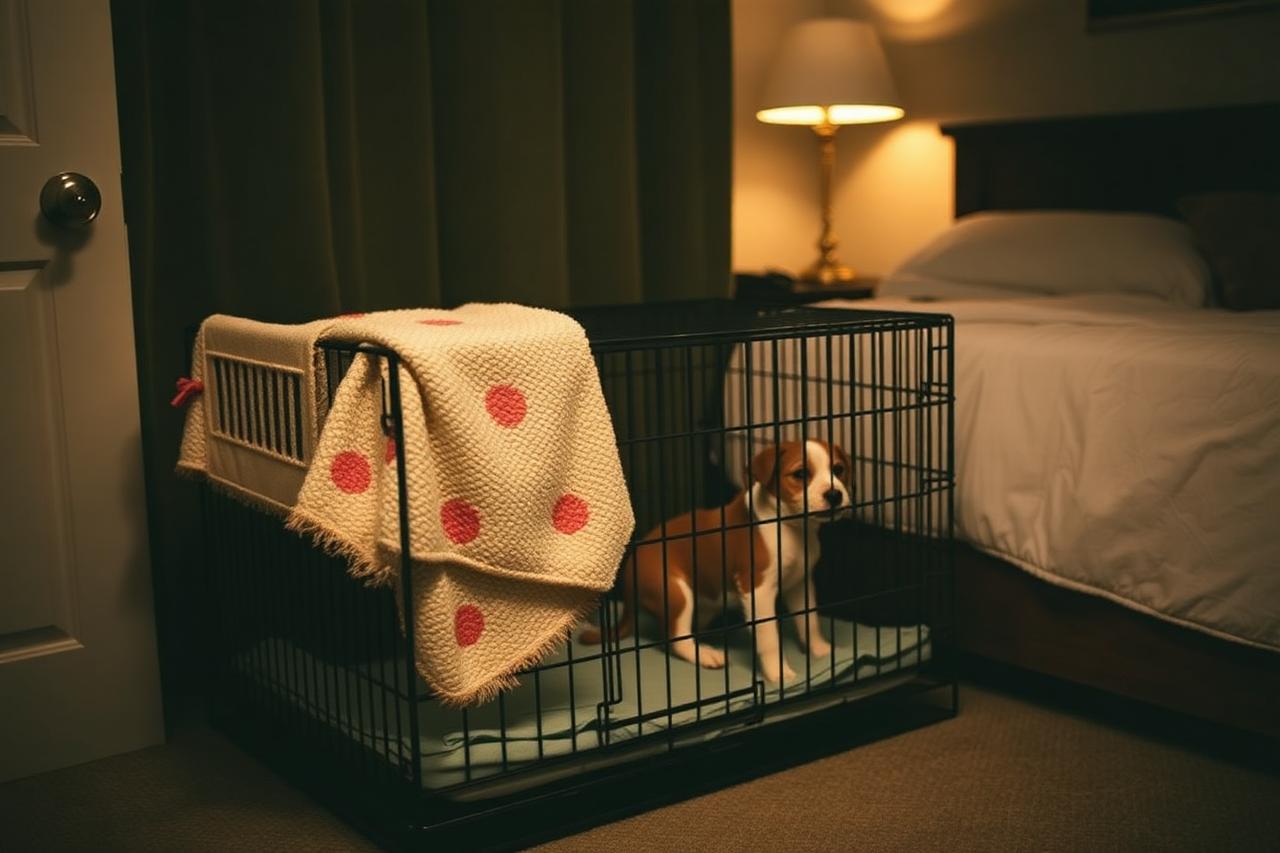 Puppy crate placed next to a bed in a bedroom with a blanket partly over it and a soft night light