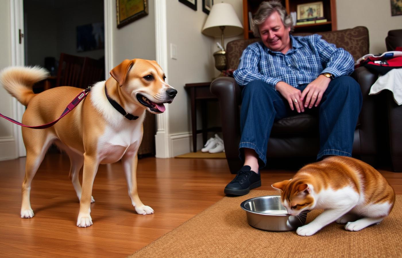 Dog on a house leash held by a seated owner while a cat eats across the room