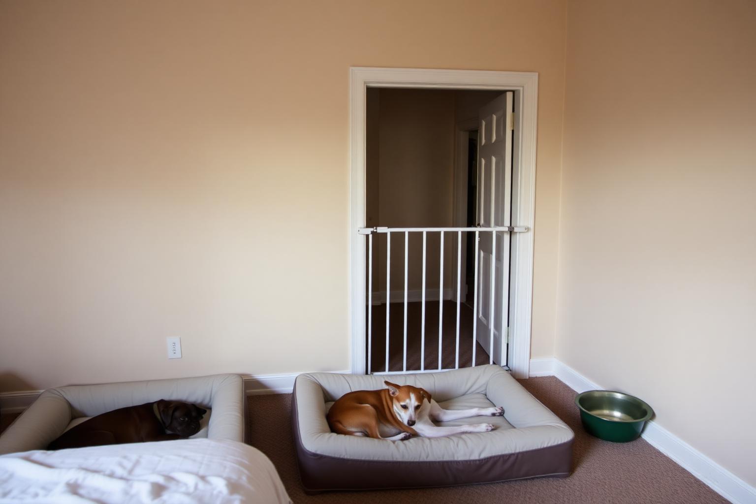 Exercise pen creating a safe gated area with a bed and water bowl in a bright room
