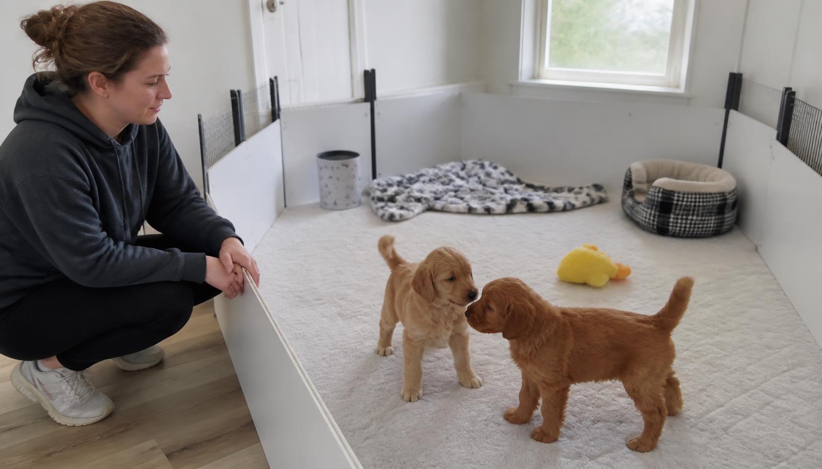 A person crouching quietly beside a clean indoor puppy pen, calmly observing two young puppies on soft bedding in a well-kept home environment
