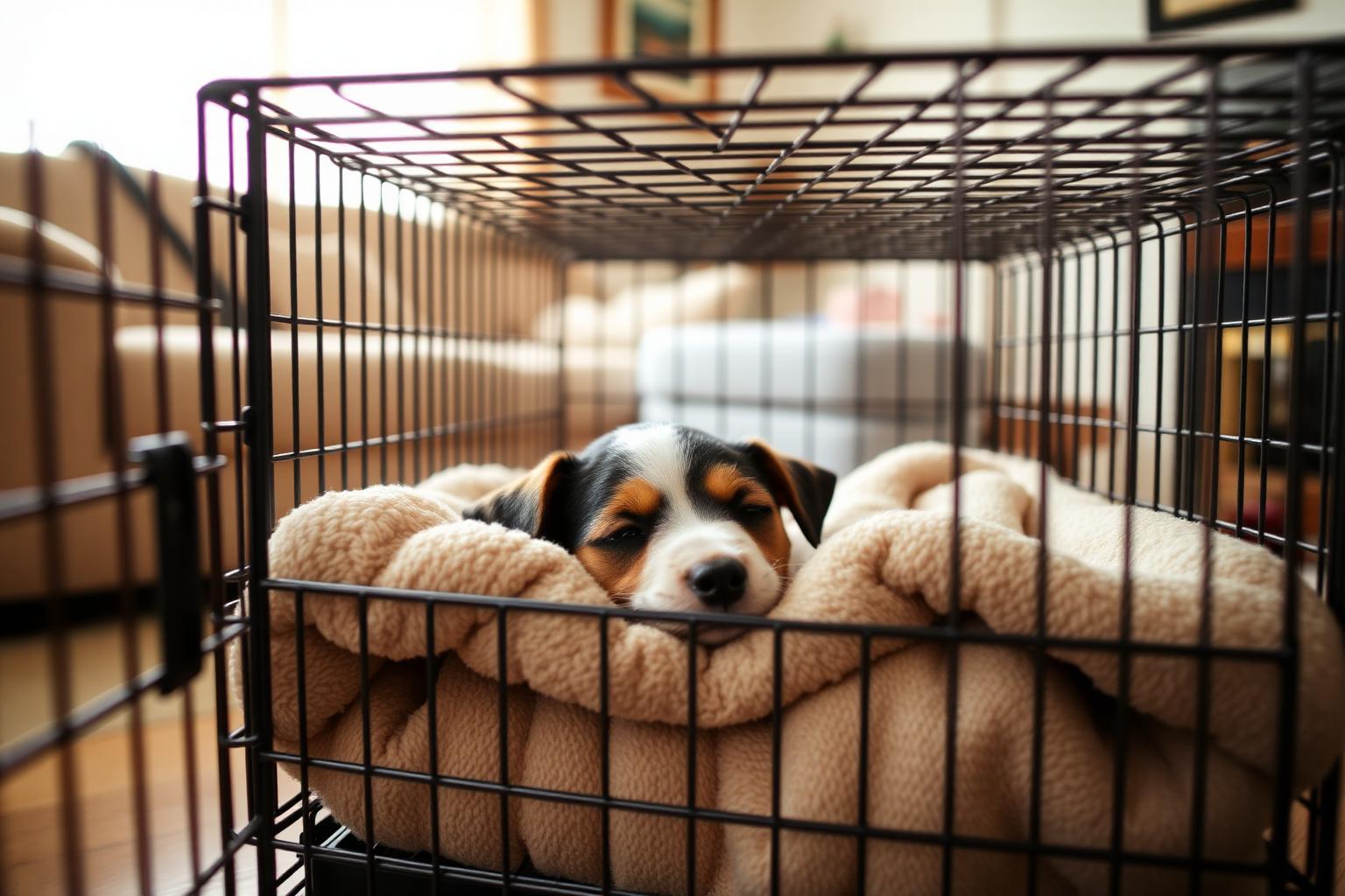 Puppy sleeping soundly on a soft bed inside an open crate in a quiet room