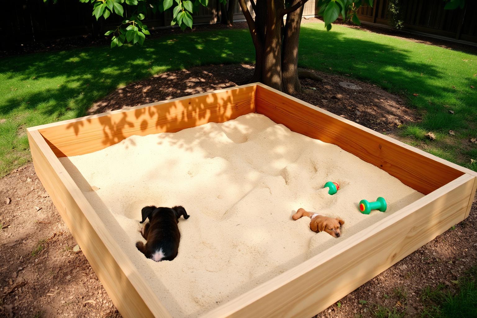 Wooden sandbox filled with sand in a shaded backyard corner with toys half buried in it