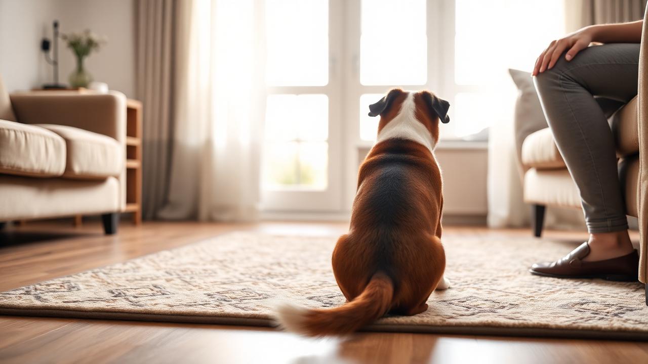 Dog sitting attentively on a living room rug facing its owner