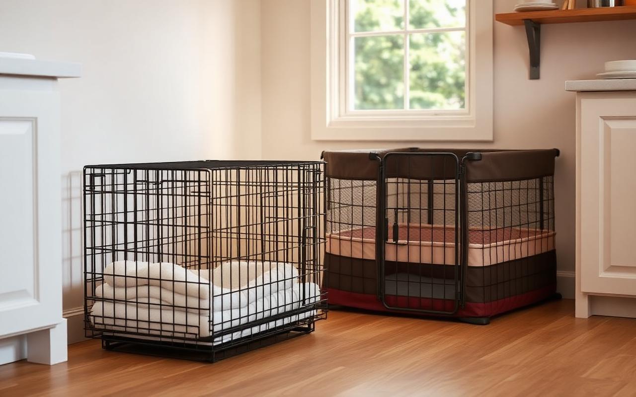 Crate set up inside a playpen with soft bedding and a chew toy in a family living area