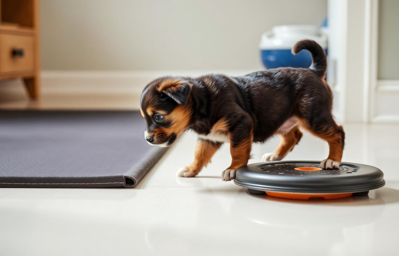 Puppy stepping cautiously onto a new textured surface outdoors